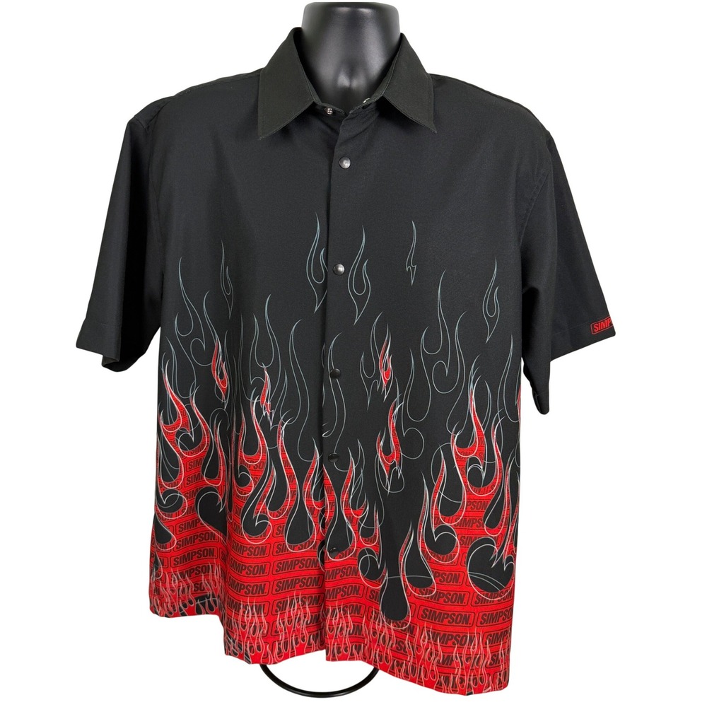 Simpson‎ Racing Mens Large Black Red Flame Snap Button Shirt Made in USA Logo